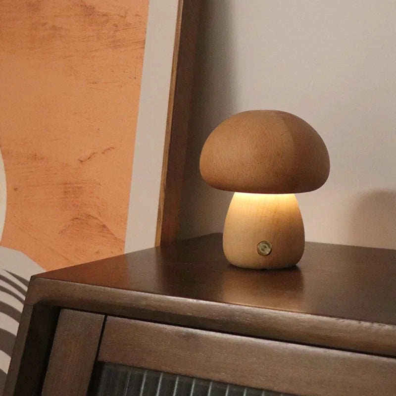 Cute Mushroom LED Night Light Wooden Bedside Table Lamp