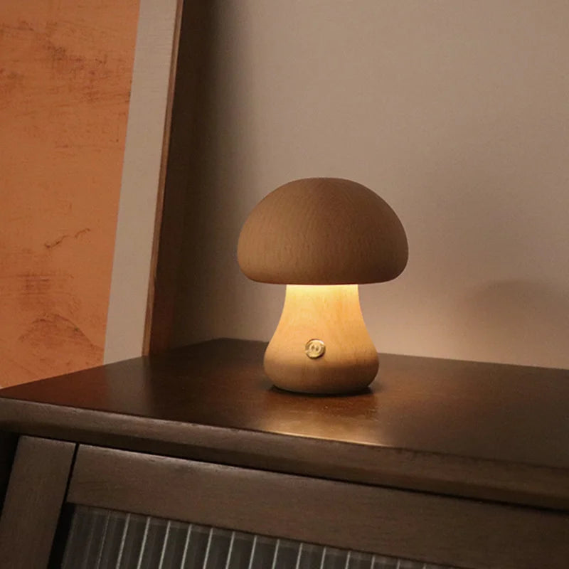 Cute Mushroom LED Night Light Wooden Bedside Table Lamp
