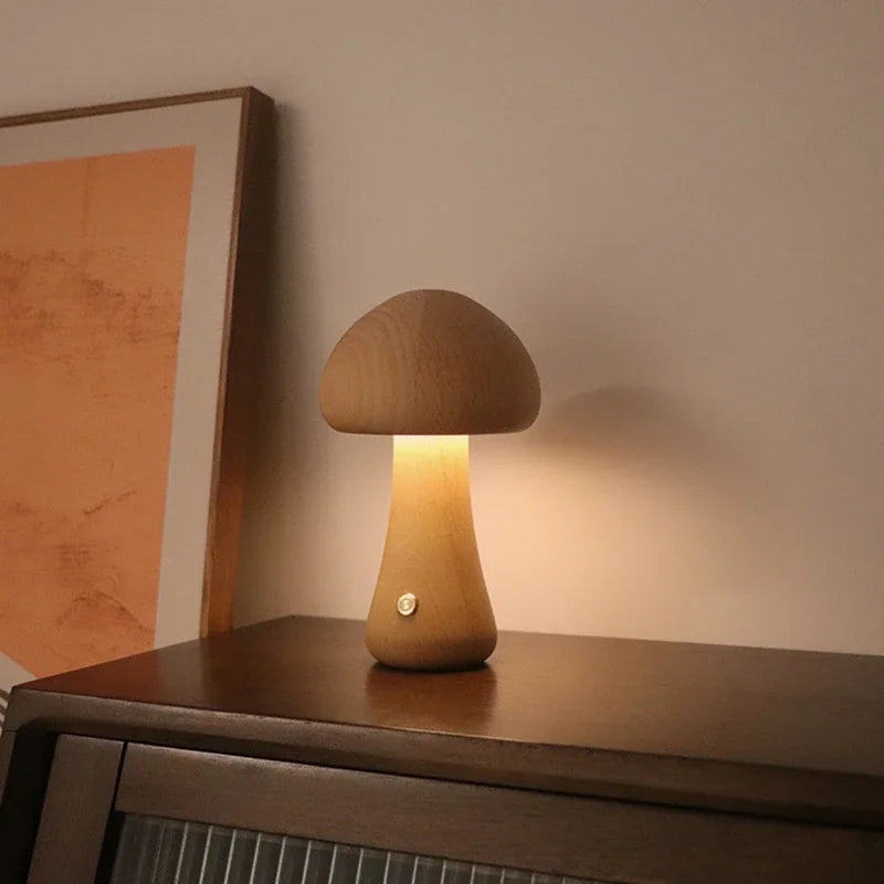 Cute Mushroom LED Night Light Wooden Bedside Table Lamp