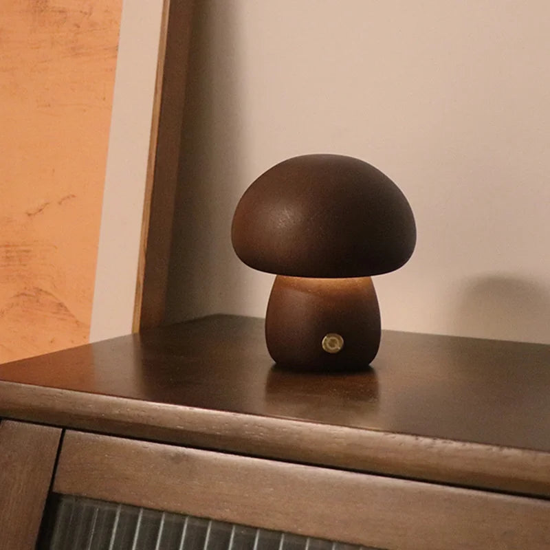 Cute Mushroom LED Night Light Wooden Bedside Table Lamp