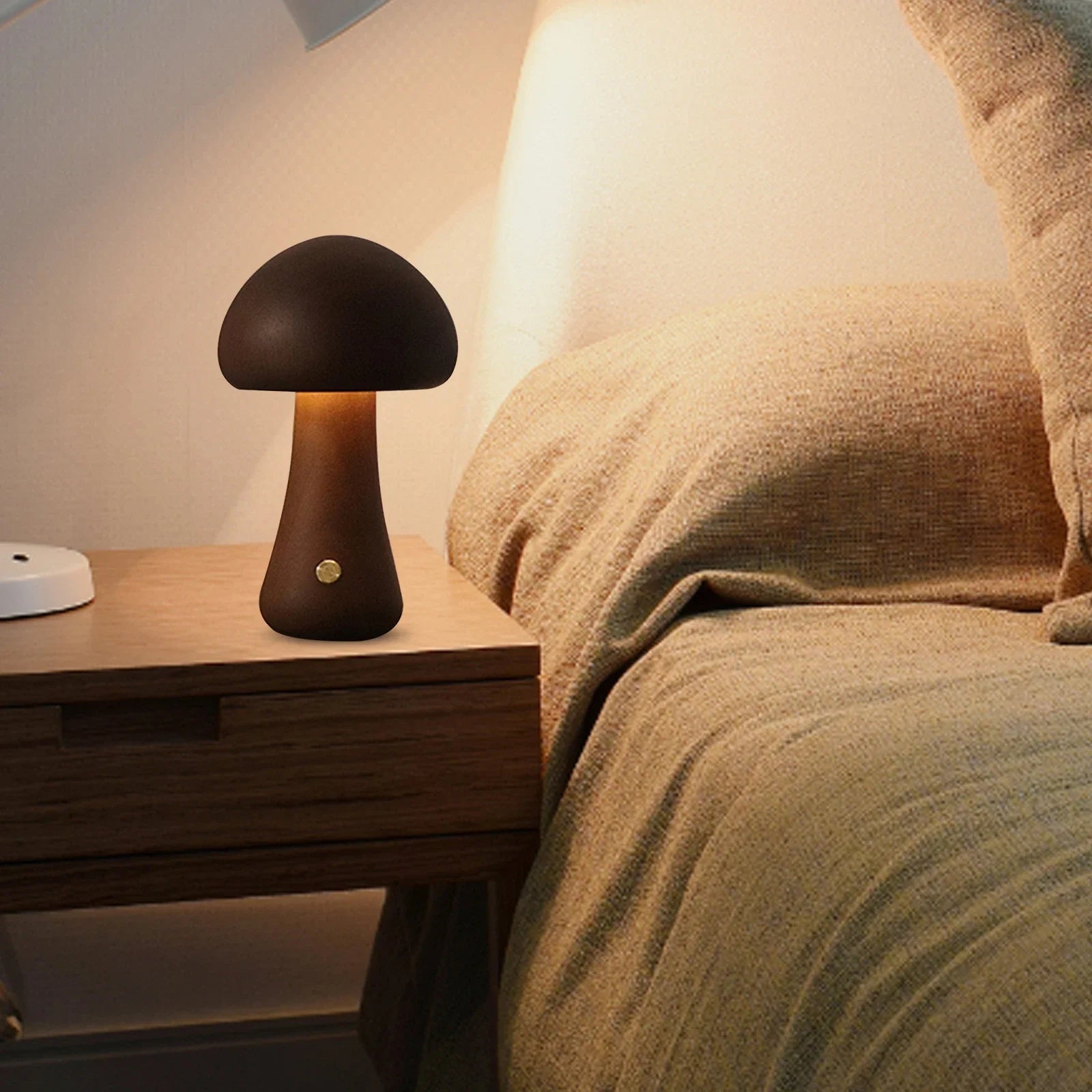 Cute Mushroom LED Night Light Wooden Bedside Table Lamp