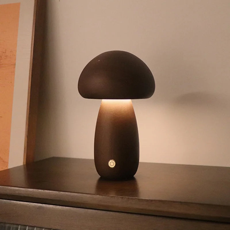 Cute Mushroom LED Night Light Wooden Bedside Table Lamp