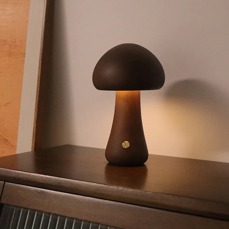 Cute Mushroom LED Night Light Wooden Bedside Table Lamp