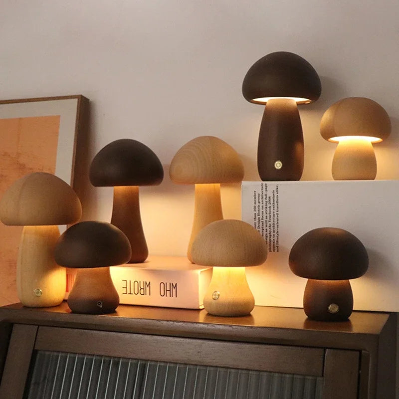 Cute Mushroom LED Night Light Wooden Bedside Table Lamp