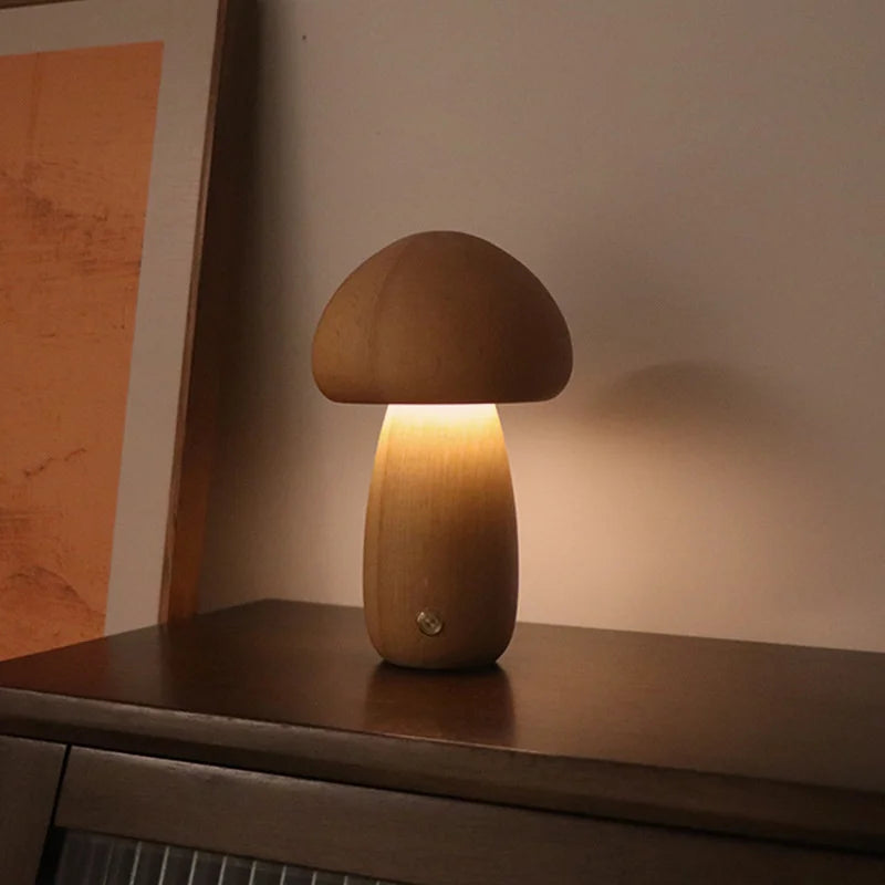 Cute Mushroom LED Night Light Wooden Bedside Table Lamp