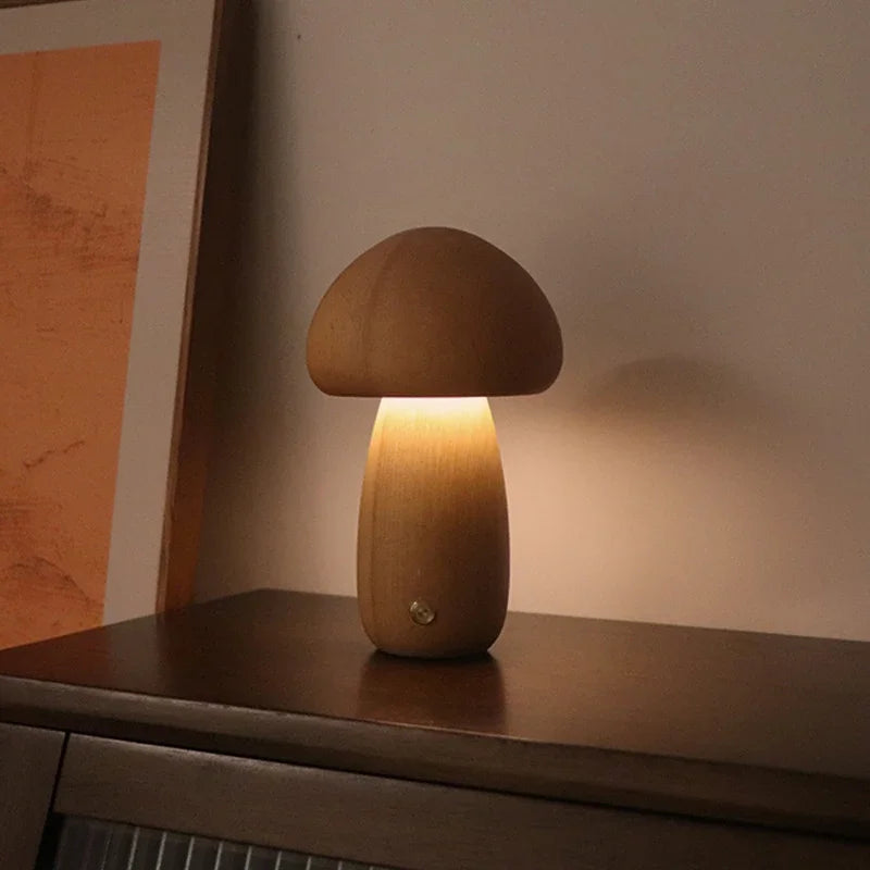 Cute Mushroom LED Night Light Wooden Bedside Table Lamp