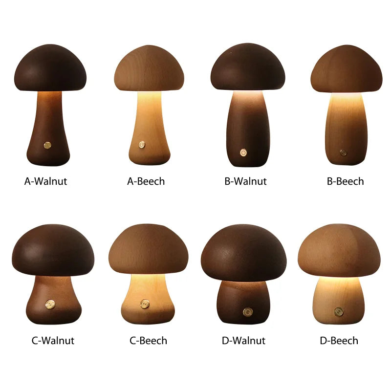 Cute Mushroom LED Night Light Wooden Bedside Table Lamp