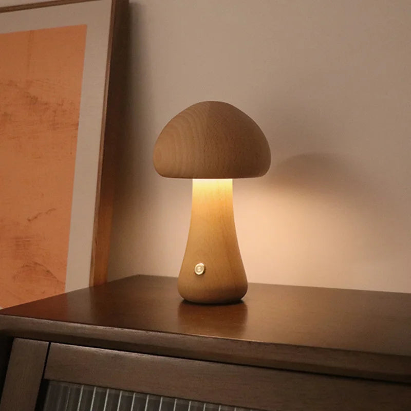 Cute Mushroom LED Night Light Wooden Bedside Table Lamp