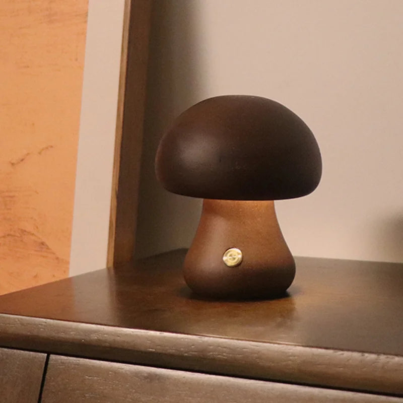 Cute Mushroom LED Night Light Wooden Bedside Table Lamp